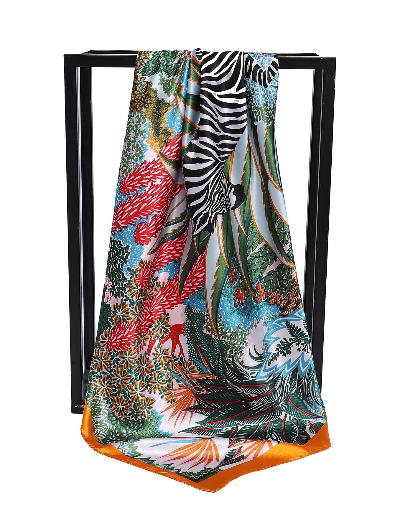 Marque de luxe carré Foulard en soie femmes Satin imprimé Hijab foulards musulman paréo Bandana femm