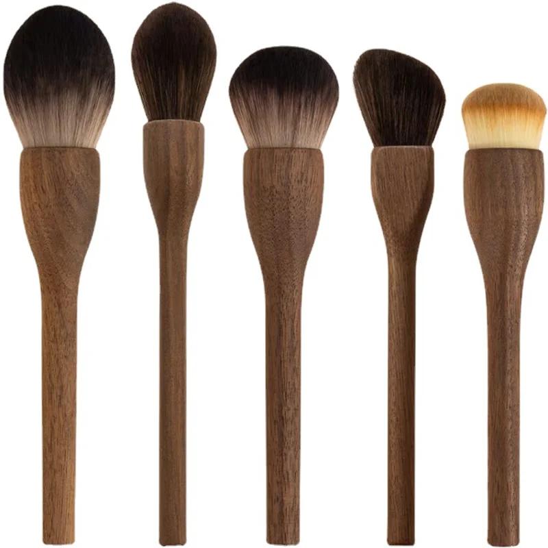 Pinceau de maquillage Vintage avec manche en bois, 6 pièces, haute qualité, noyer, poudre libre, fon