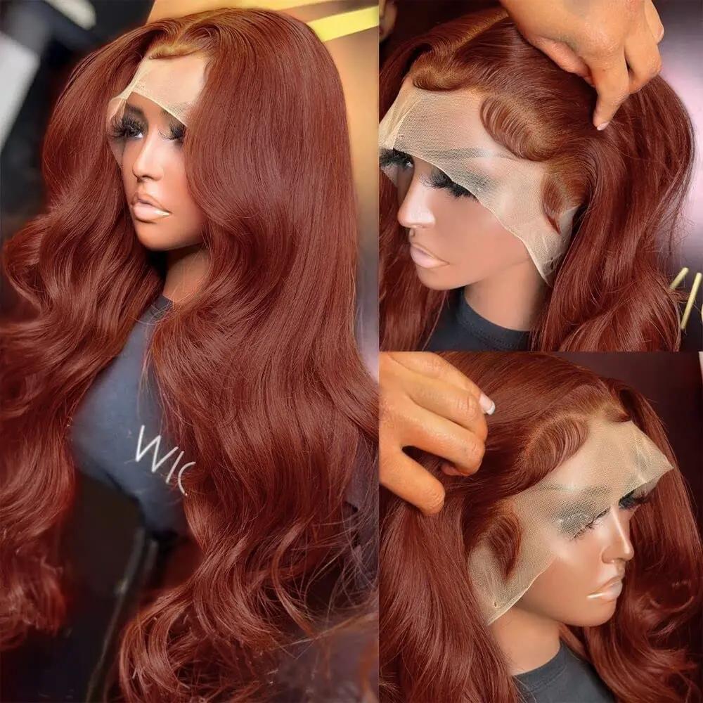 Perruque Lace Front Wig Body Wave naturelle, cheveux roux, brun foncé, 13x6 HD, 13x4, pre-plucked, e