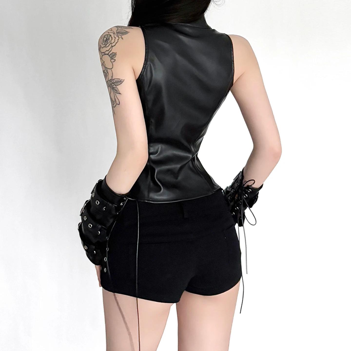 SUCHCUTE – gilet rétro Punk en cuir Pu pour femmes, avec couverture de manches, gothique, noir, sans