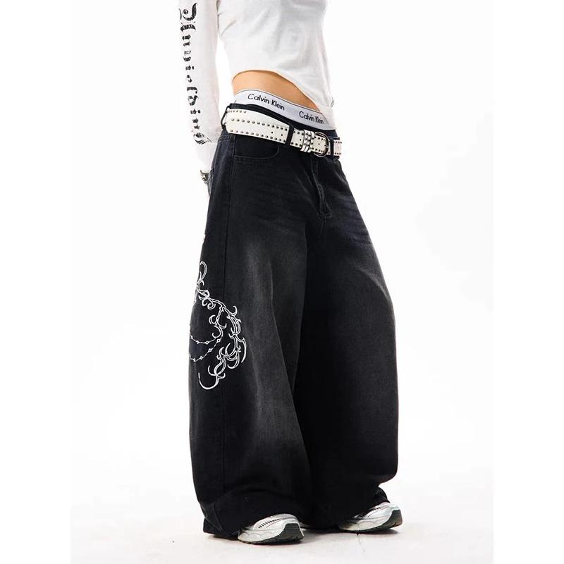 YIBASHU femmes Vintage broderie Y2K Baggy jean femme taille haute 2000s jambe large Denim pantalon a