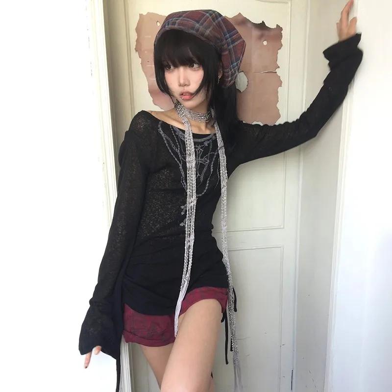 Karrram japonais Y2k hauts tricotés Grunge tatouage imprimé T-shirt à manches longues côtelé Vintage