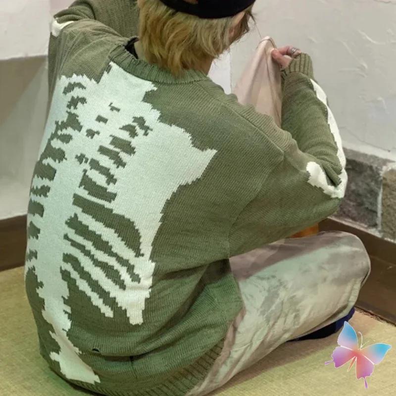 Hiver américain rue surdimensionné Kapital pull rétro lâche squelette Jacquard tricoté trous à manch