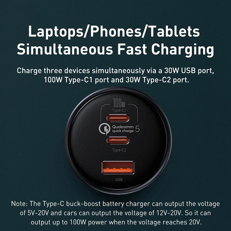 Baseus 160W chargeur de voiture QC 5.0 Charge rapide avec USB double Type C pour IPhone 15 14 13 12 