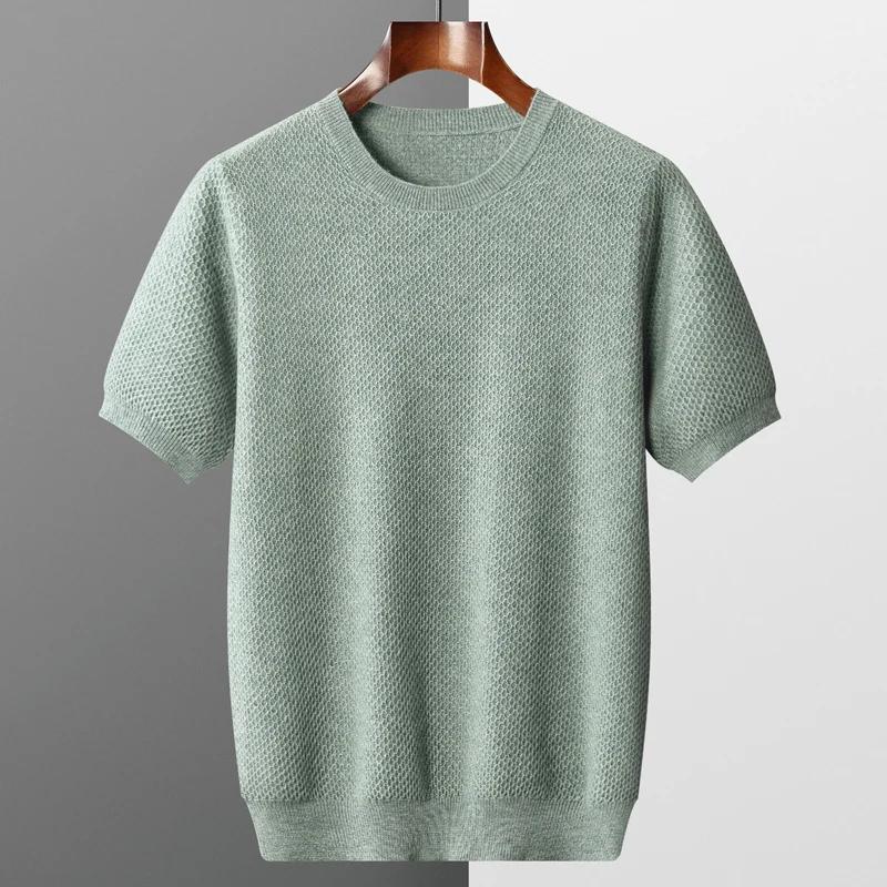 T-Shirt tricoté en laine mérinos pour hommes, col rond, aiguille en nid d'abeille, gilet à manches c