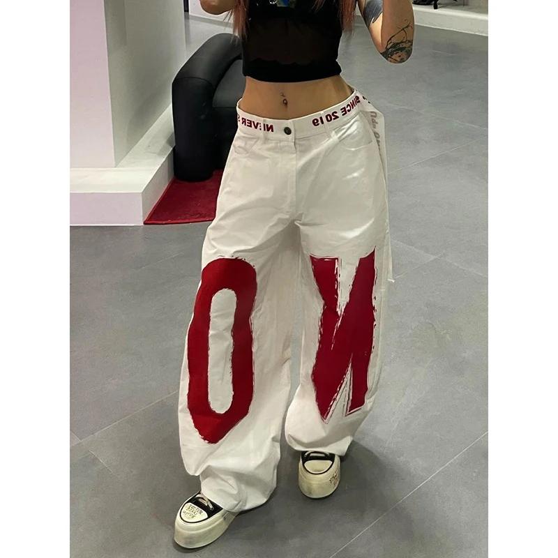 ZHIZOU femmes blanc lettre imprimer Y2k Baggy jean 2000s Style Denim pantalon Harajuku Vintage surdi