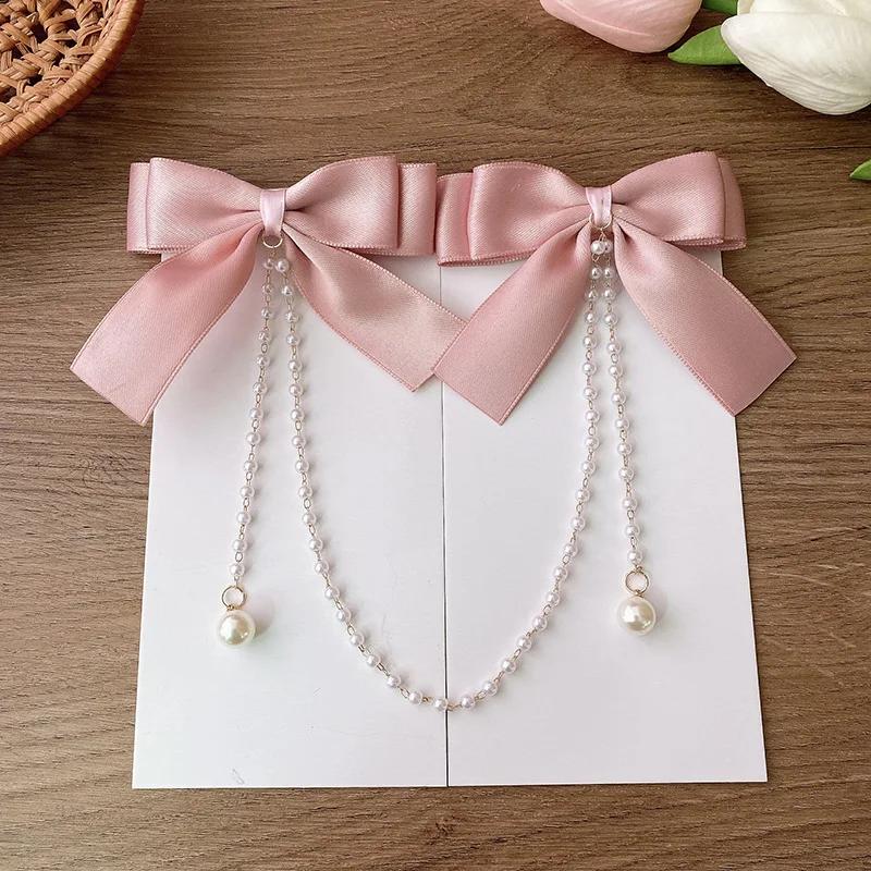 Pince à cheveux avec nœud en chaîne de perles roses, Style princesse doux, épingles à cheveux mignon