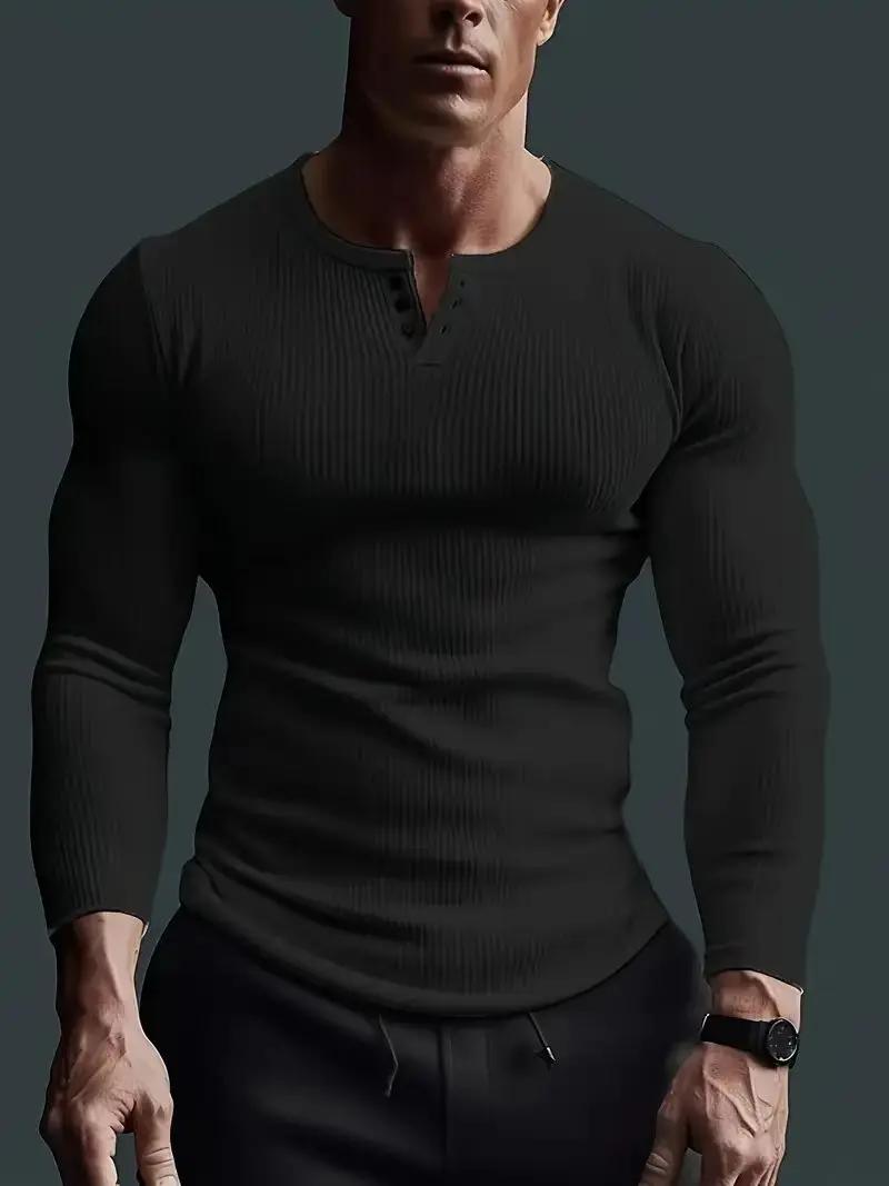 Automne hommes sans col boutonnage Henry petit haut Fitness haute Stretch Base chemise couleur unie 