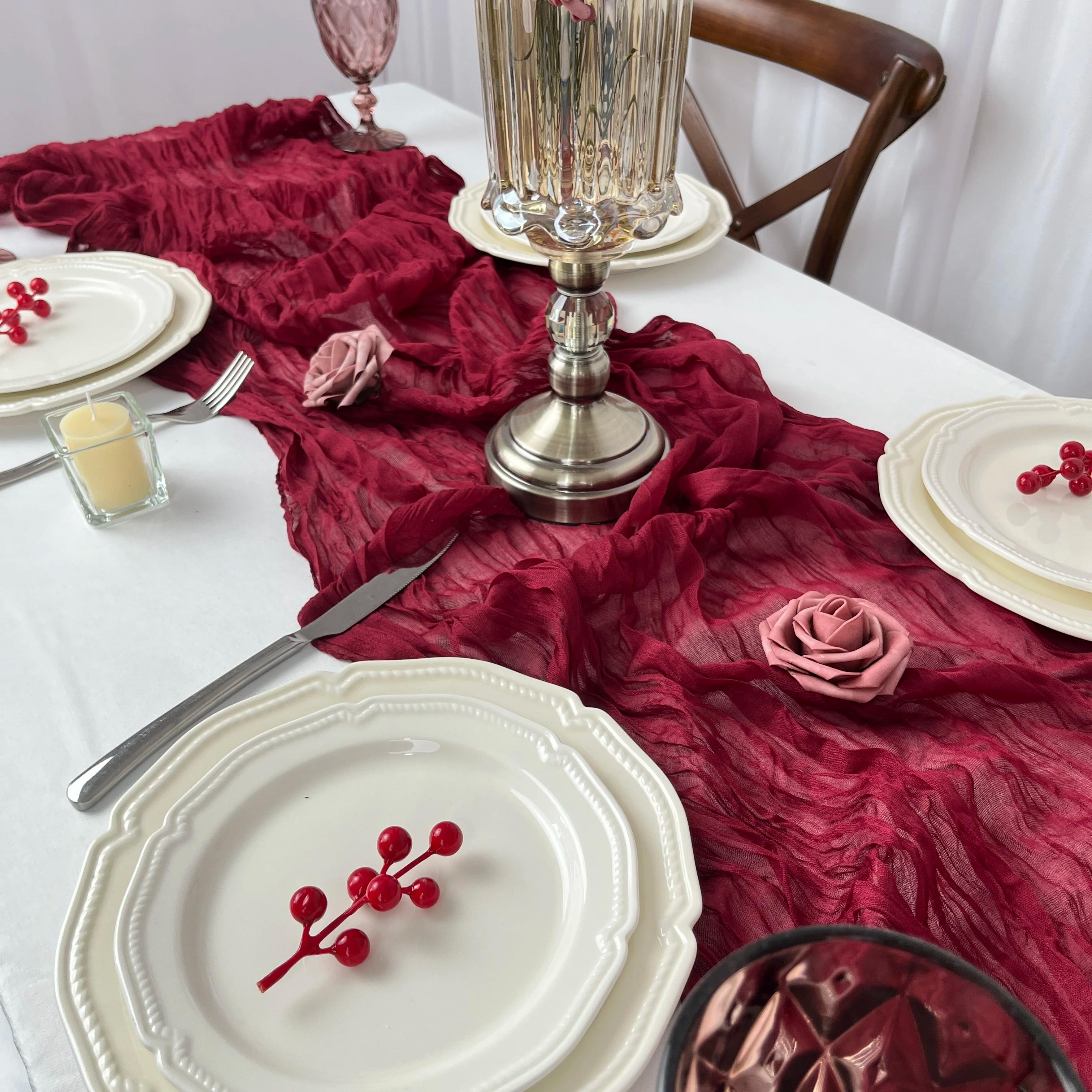 Chemin de Table en gaze bordeaux, 4 paquets, tissu drapé d'arrière-plan Semi-transparent pour mariag