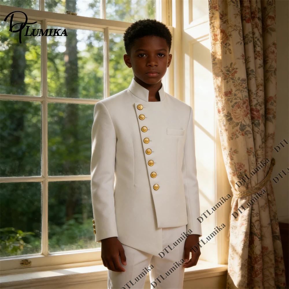 Costume de Cérémonie Élégant pour Garçon : Veste à Col Montant avec Boutons Dorés et Pantalon Assort
