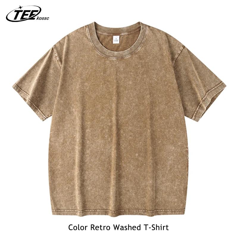 Couple lavé rétro 230g coton robuste à manches courtes T-shirts polyvalent pour hommes femmes été co