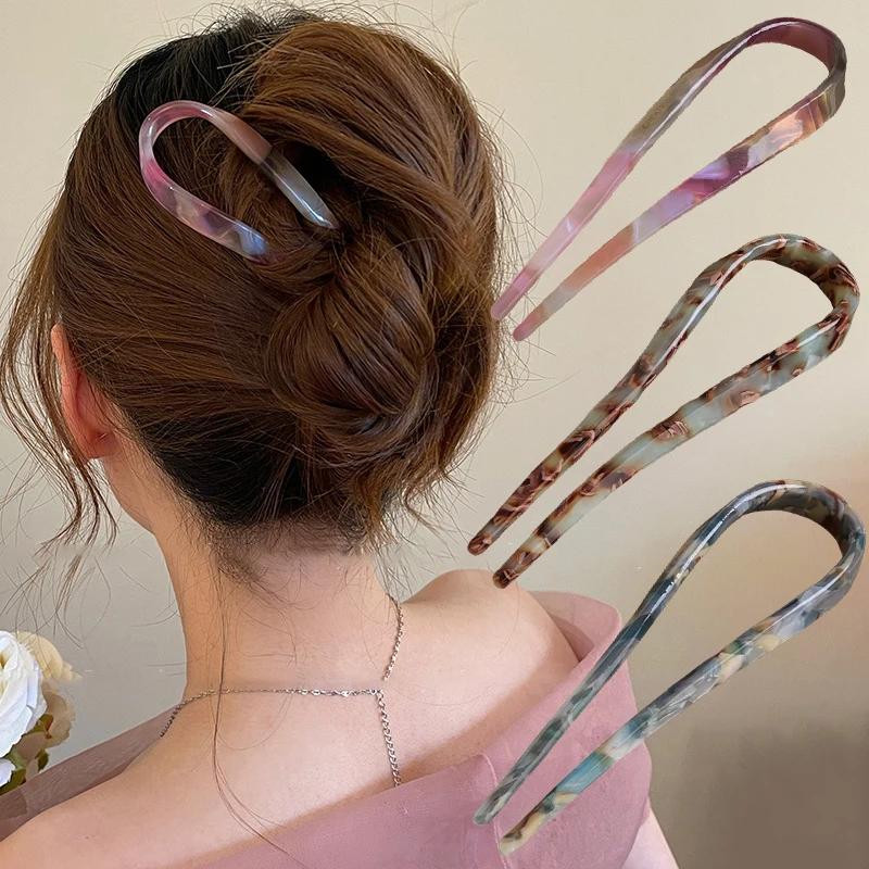 Bâtons de cheveux en forme de U, fourchette à cheveux en acétate acrylique, pinces à cheveux, nœud à