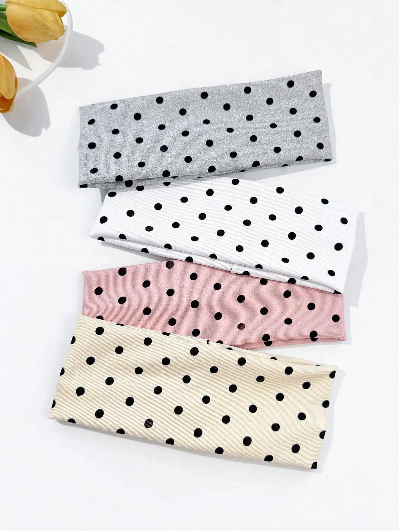 4 pièces/ensemble dames à pois imprimé large bord élastique bandeau de cheveux visage maquillage spo