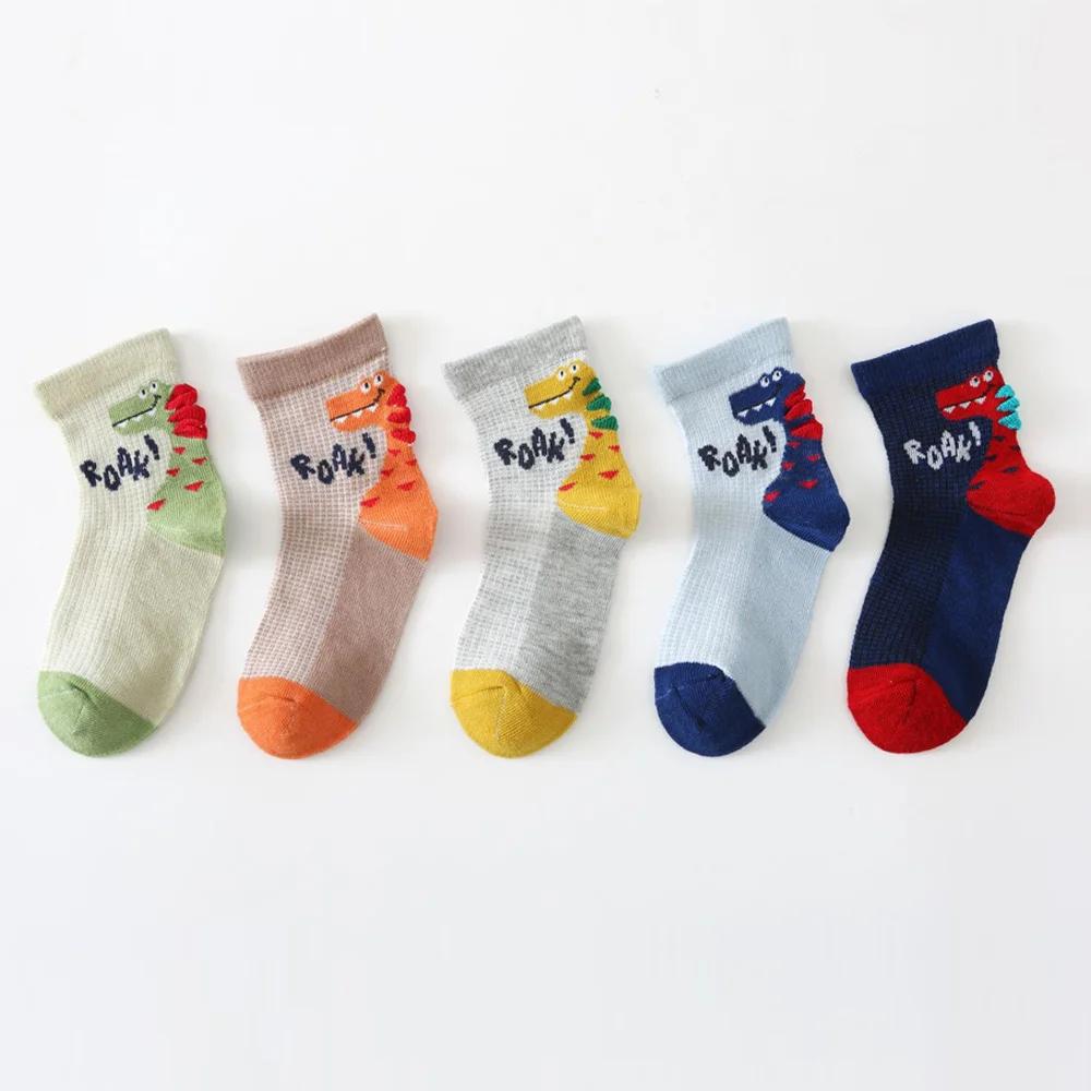 5 paires de chaussettes en coton pour enfants, motif de dinosaure de dessin animé, maille respirante