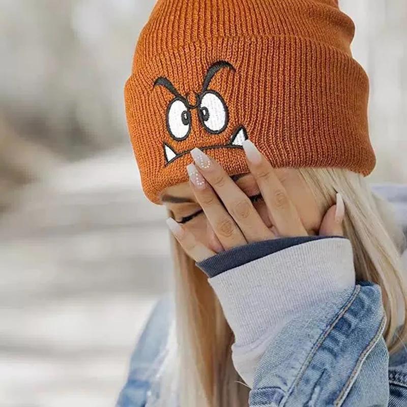 Chapeau tricoté brodé à expression en colère, chapeau en laine chaud pour les événements sportifs de