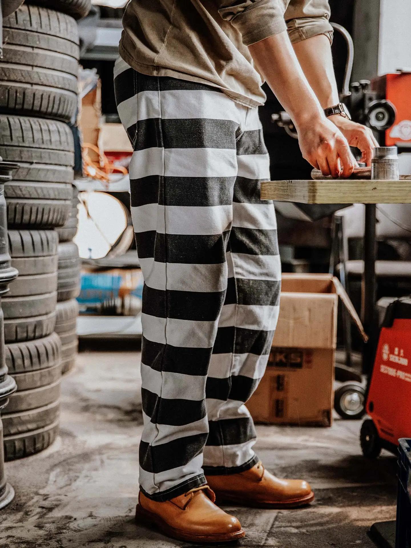 Pantalon de moto en toile lourde pour hommes, rétro américain, rayures noires et blanches, droit, dé