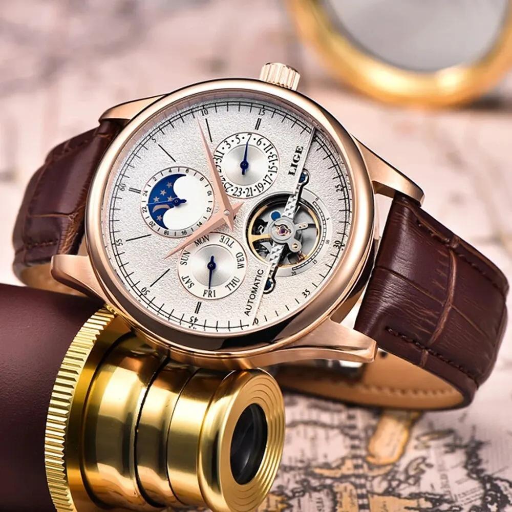 LIGE hommes montres automatique montre mécanique Tourbillon horloge en cuir véritable montre étanche