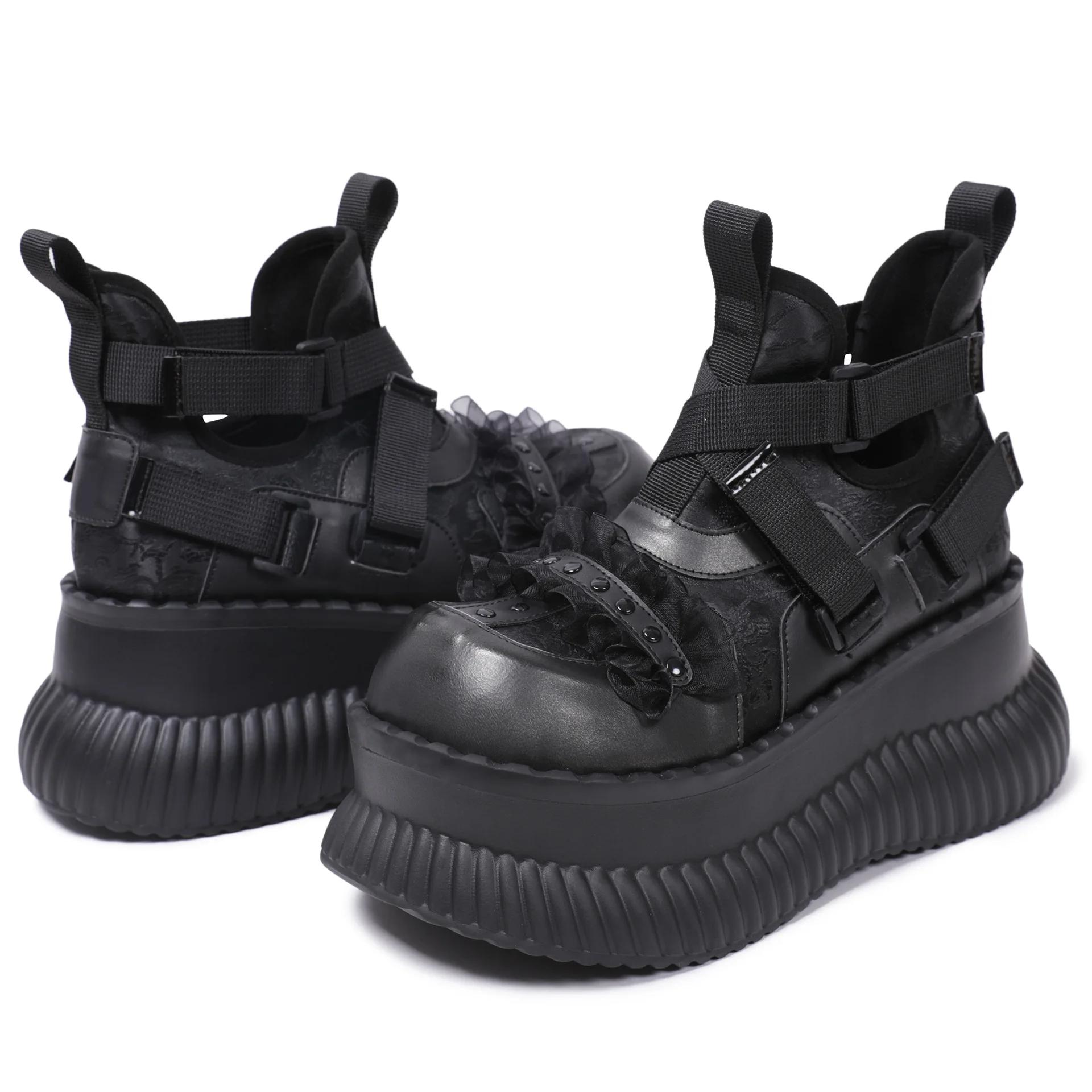 Chaussures à fond épais et haut pour femmes, Style foncé, Niche Mary Jane en dentelle croisée, douce