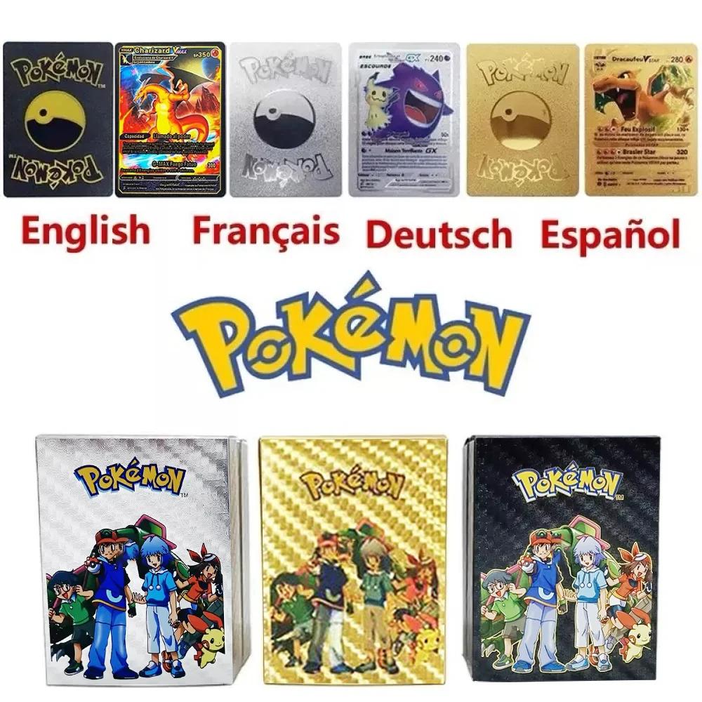 Cartes Pokemon 10-55 pièces, lettres dorées en feuille d'or, anglais, espagnol, français, allemand, 