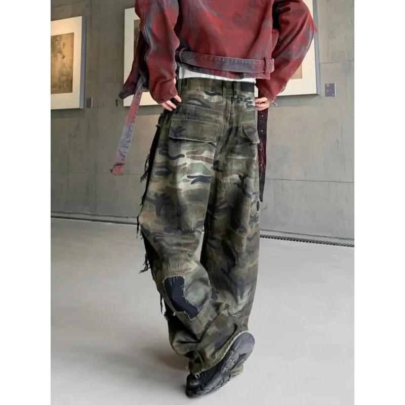 Faux jean déchiré délavé de Camouflage pour hommes, pantalon décontracté, ample et droit, nouvelle c