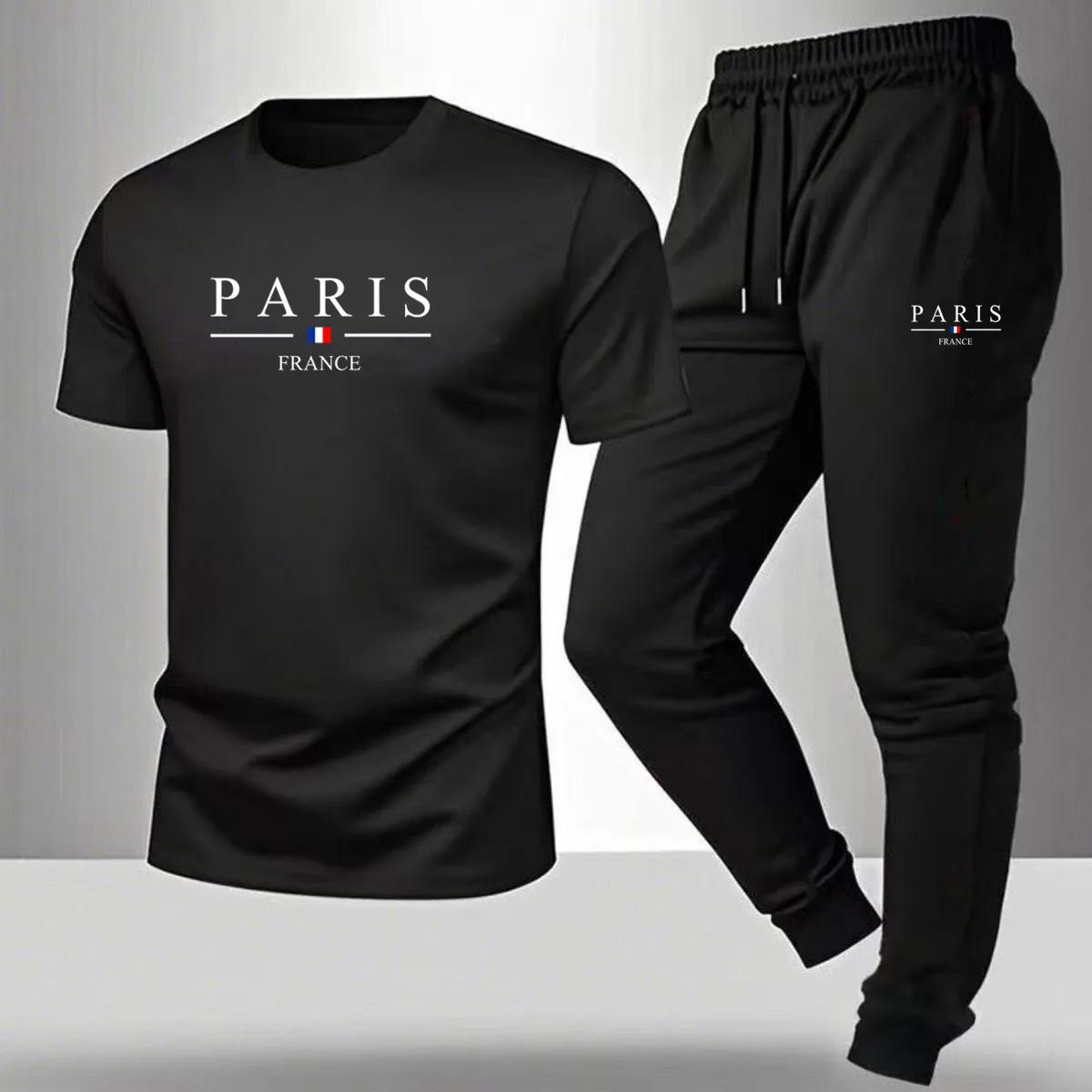 Ensemble t-shirt à manches courtes et pantalon décontracté d'été pour homme, imprimé Paris, ensemble