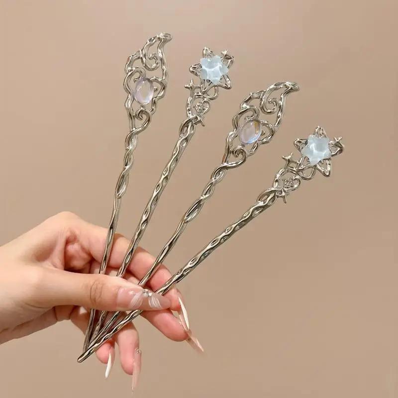 Ensemble d'épingles à cheveux en pierre de lune et étoile pour femmes, bâton de cheveux élégant en a