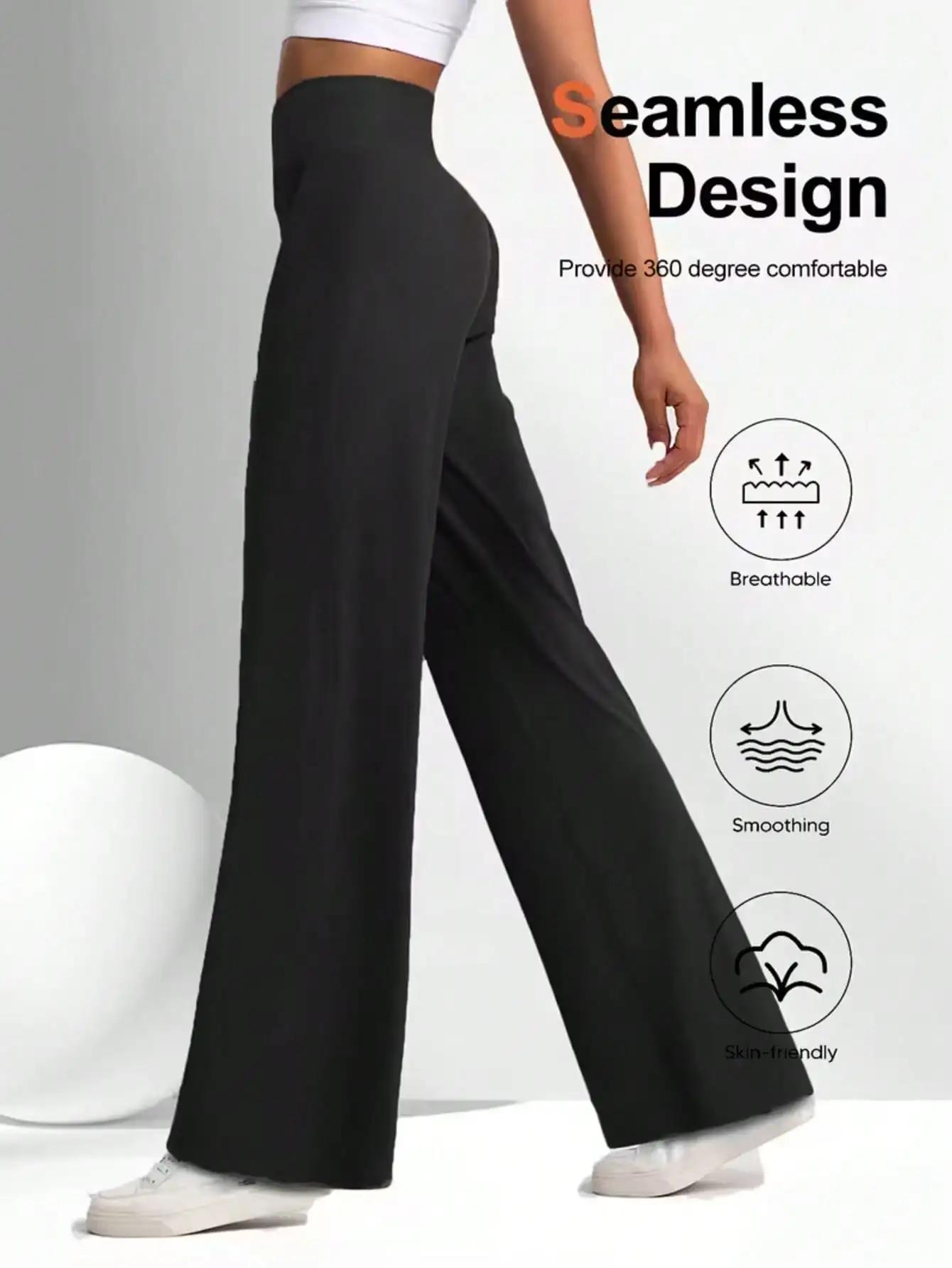 Pantalons de yoga pour femmes à taille haute et jambes larges, couleur unie, ceinture élastique, tis