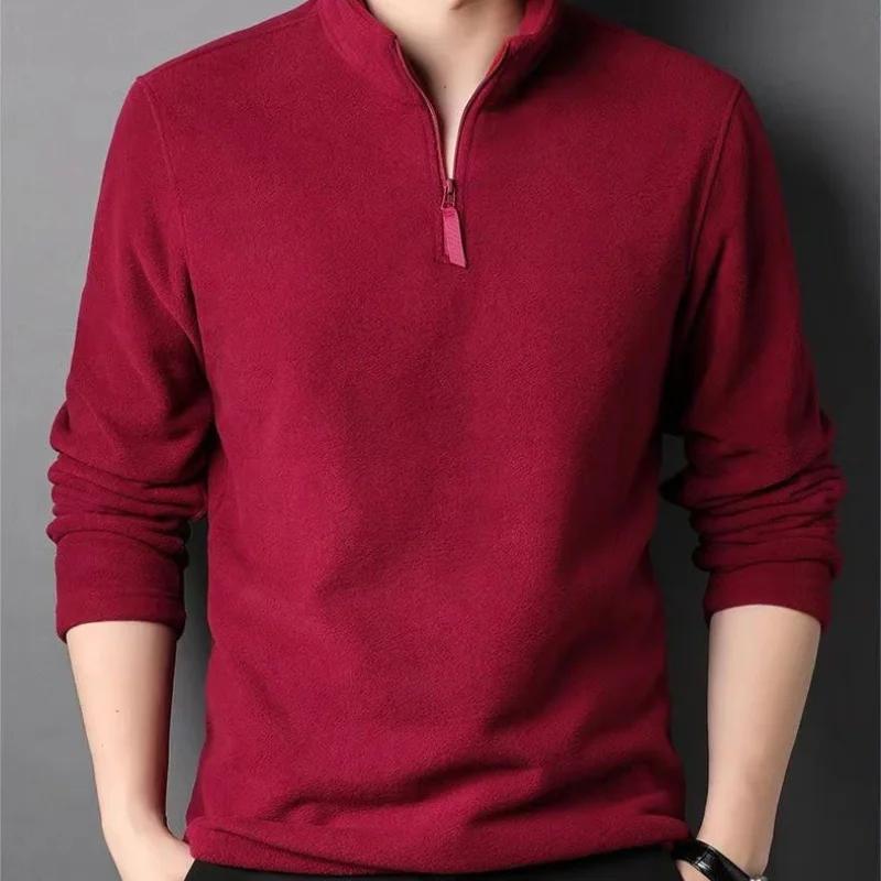 Polos chauds en laine d'agneau pour hommes, sweat-shirt, col montant, demi-fermeture éclair, manches