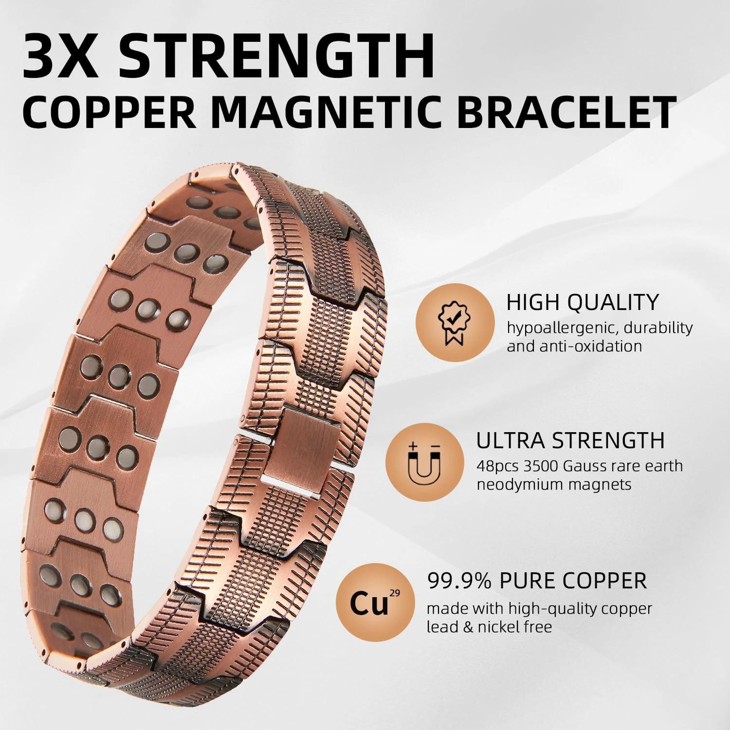 ARADOO Bracelet en cuivre pur pour hommes 3500 Gauss 3X Bracelets à maillons de thérapie magnétique 