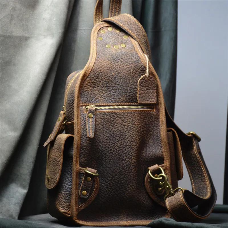PNDME – sac de poitrine rétro en cuir véritable pour hommes, sac à bandoulière multifonctionnel en c