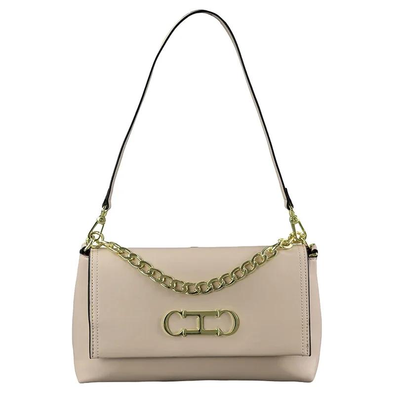 Sac à rabat en cuir de luxe CH, gaufrage premium, chaîne métallique brillante, fermeture éclair liss