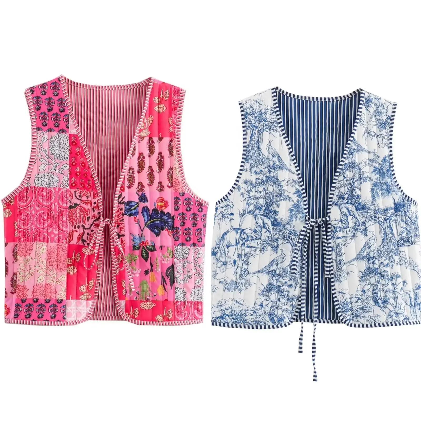 Gilet matelassé à lacets imprimé pour femme, Vintage, mode automne-hiver 2023, rétro, style national
