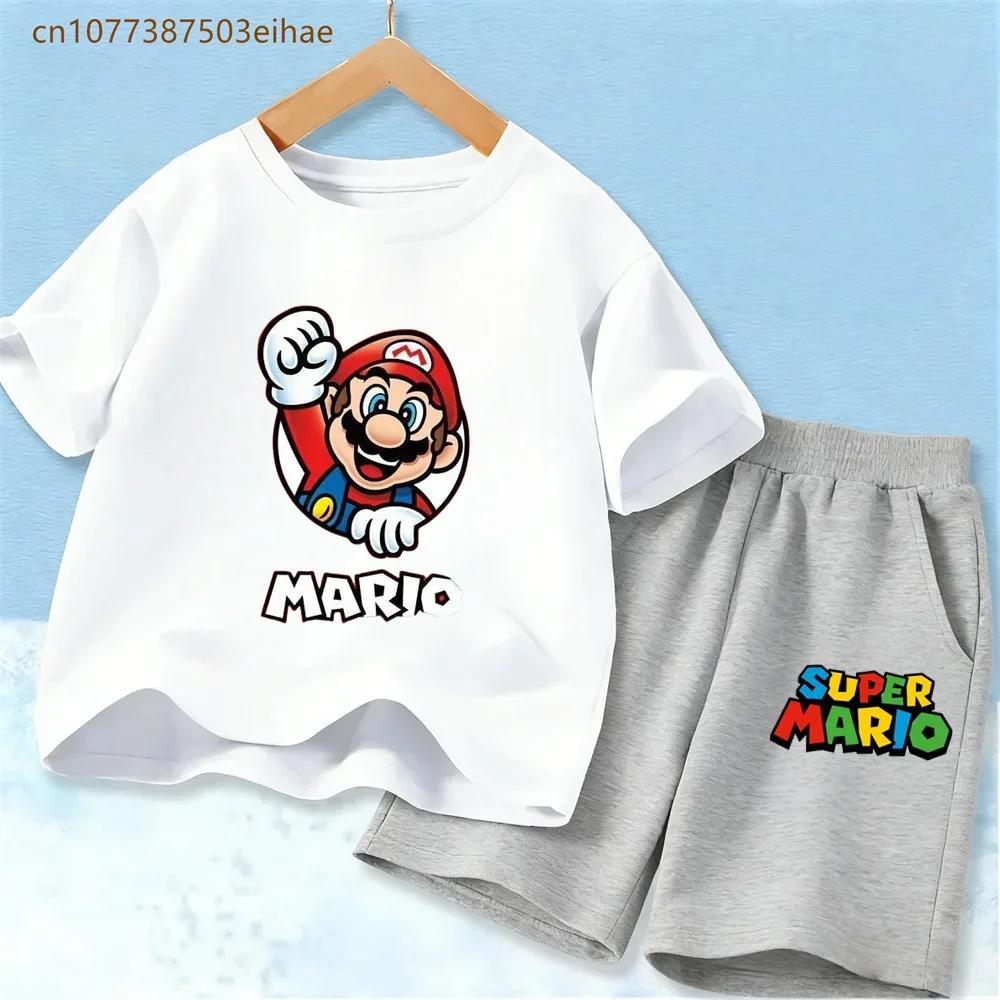 Ensemble de survêtement imprimé Super Mario pour enfants, t-shirt à manches courtes en coton et shor