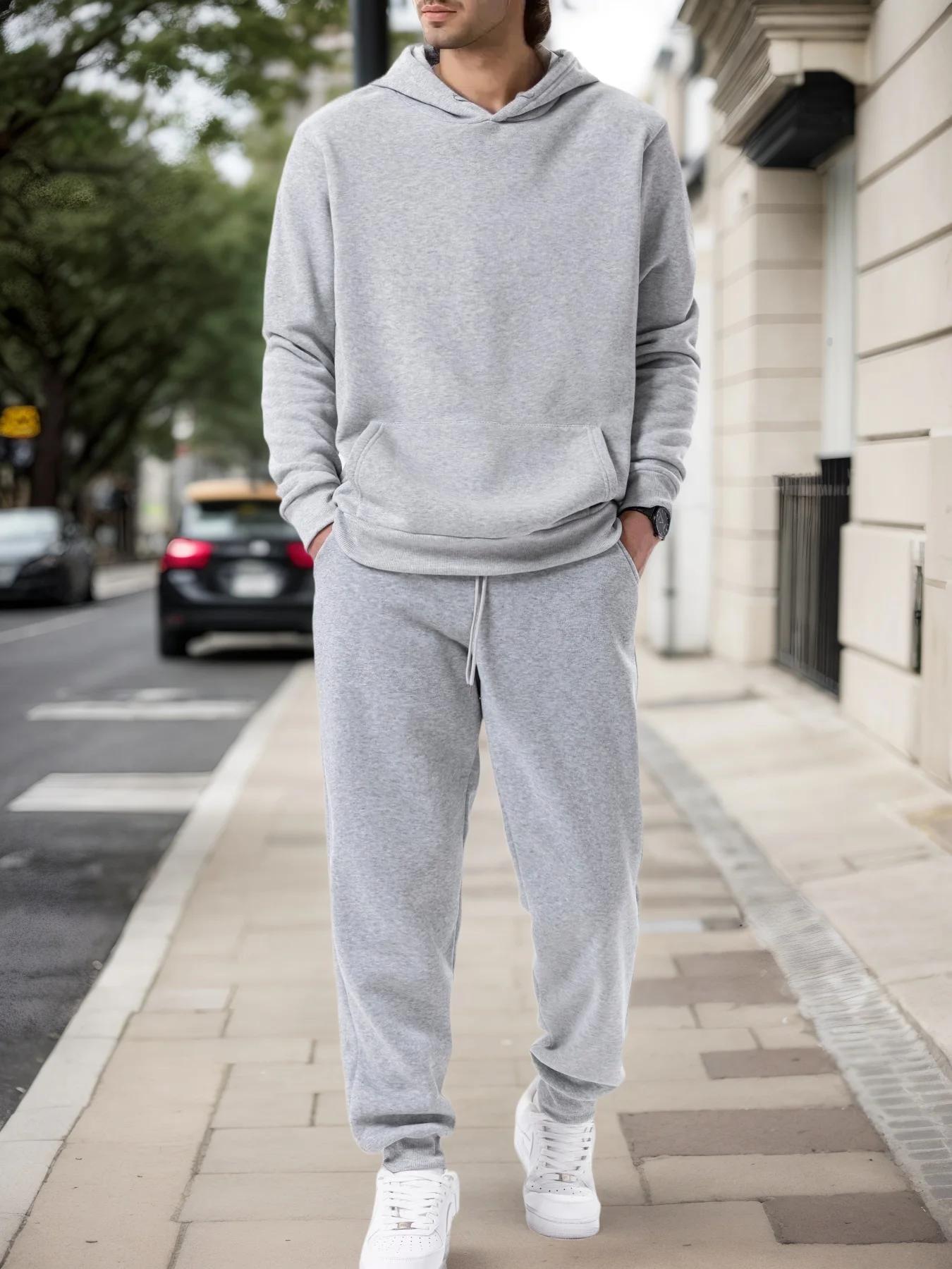Sweat à capuche + pantalon de jogging pour hommes, couleur unie, ensemble deux pièces, à la mode, vê
