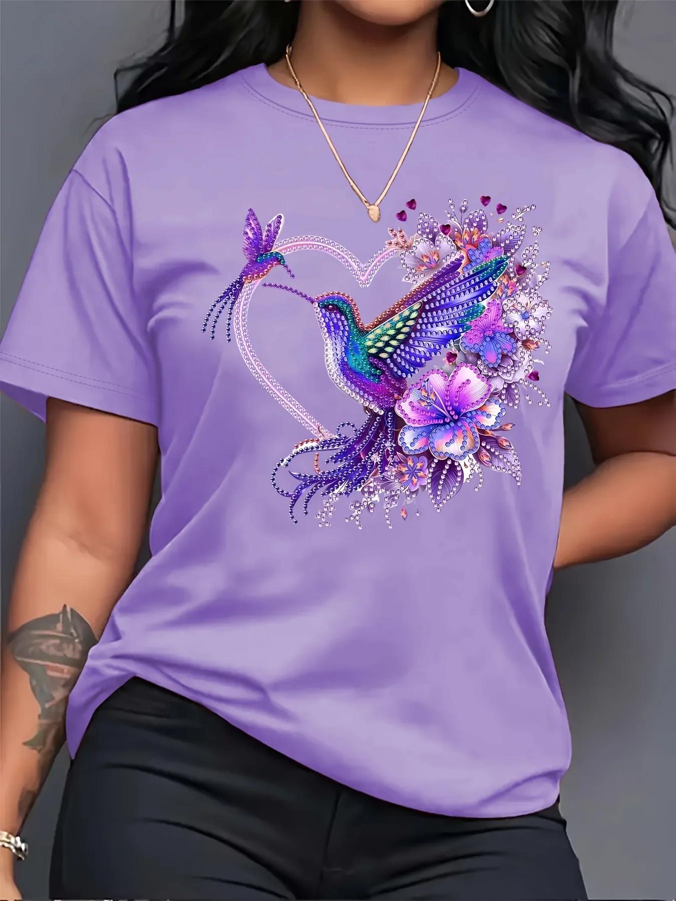 T-shirt pour femme Floral Hummingbird Heart - Motif Boho, haut rose décontracté
