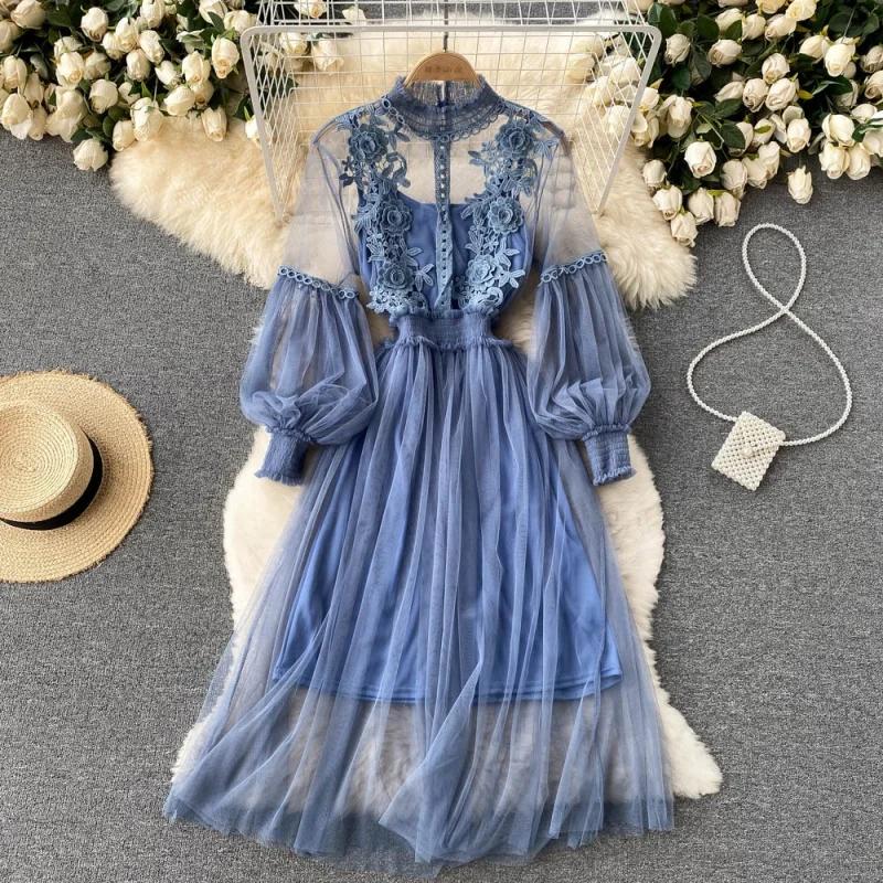 Robe longue en dentelle à fleurs et maille, manches lanternes, blanche, pour femmes, tenue de soirée
