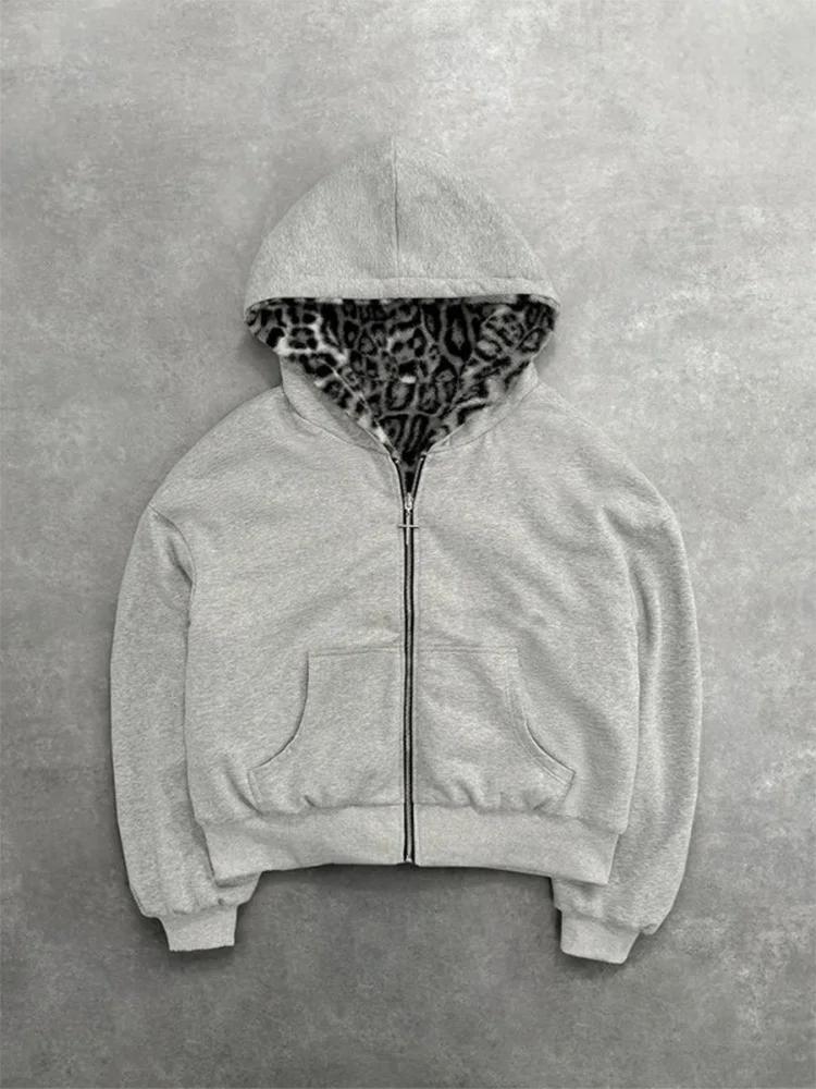 Automne/hiver léopard gris Double face sweat à capuche avec fermeture éclair hommes décontracté haut