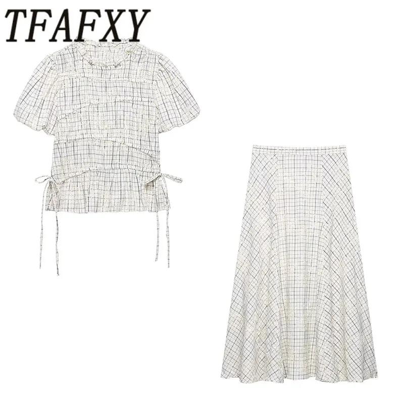 TFAFXY 2026 Ensemble d'été pour femme : Blouse brodée à carreaux avec nœud et jupe longue midi coupe