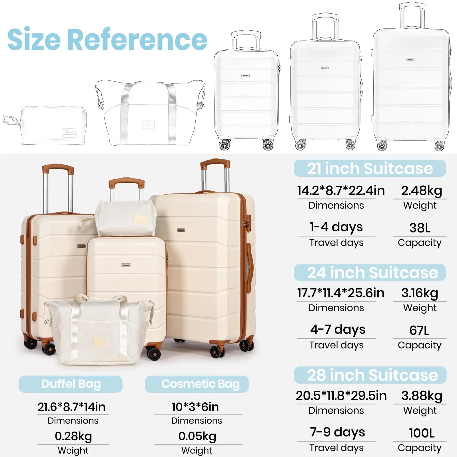 Ensembles de bagages de 5 pièces, ensemble de valises de voyage à roulettes légères coque rigide ABS