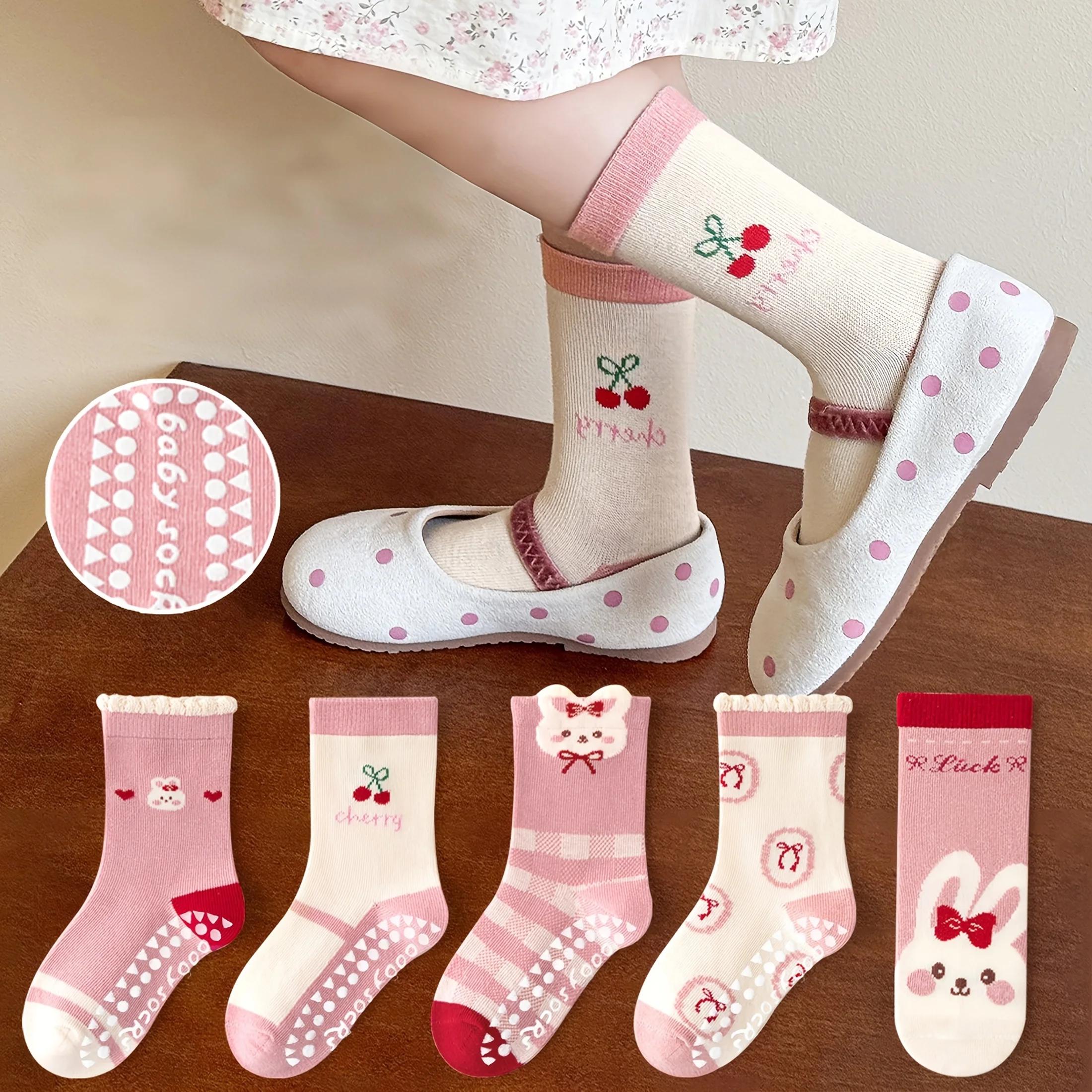 Lot de 5 chaussettes de sol pour enfants avec nœud rose et motif lapin, chaussettes d'intérieur anti
