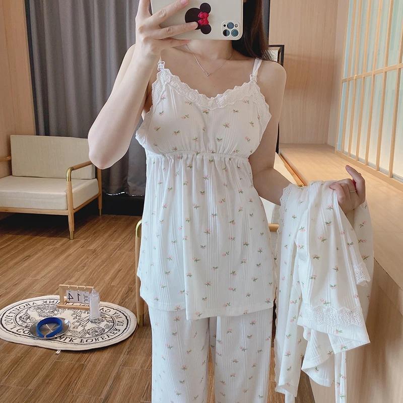 3 pièces/ensemble coton vêtements de nuit de grossesse chemise de nuit d'allaitement vêtements de nu