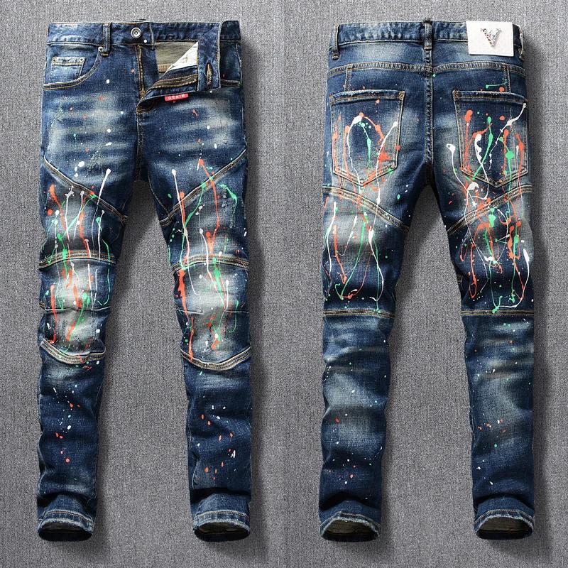 Jean Déchiré Rétro Bleu pour Homme, Pantalon de Motard en Denim, Slim Fit, Peint, Épissé, de Stylist