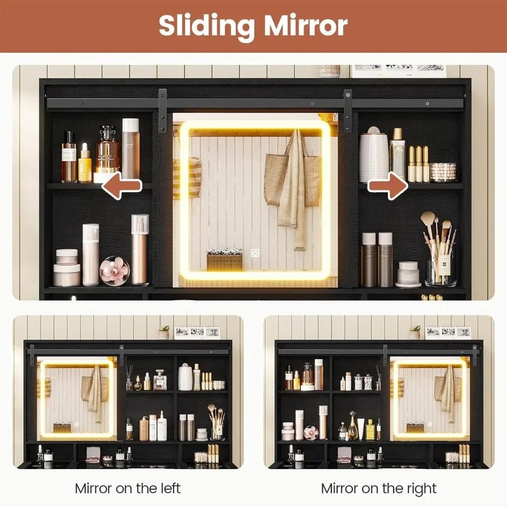 Vanité de maquillage éclairée de style ferme avec miroir coulissant et bureau à plateau en verre ave