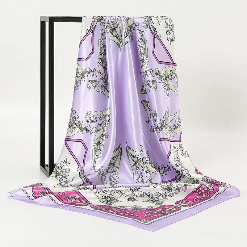Foulard carré en soie pour femmes, châle imprimé, bandeau en Satin, Hijab, bandes de cheveux, Bandan