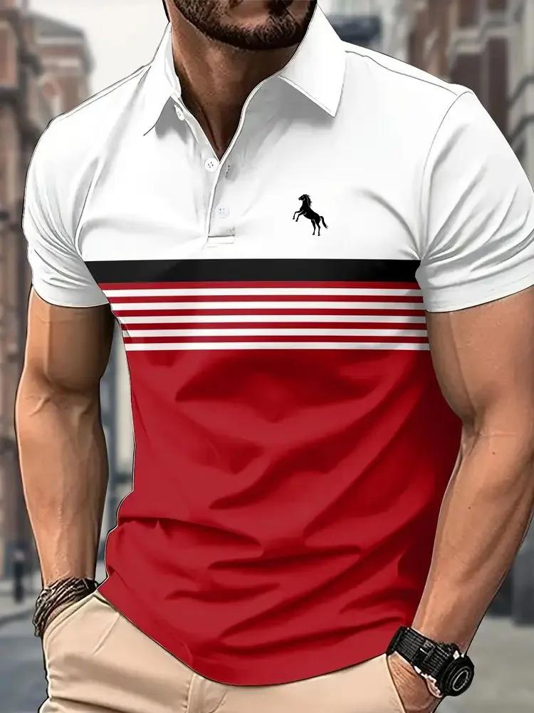 Polo décontracté à manches courtes pour hommes, avec imprimé cheval 3D, rayé, Design bloc de couleur