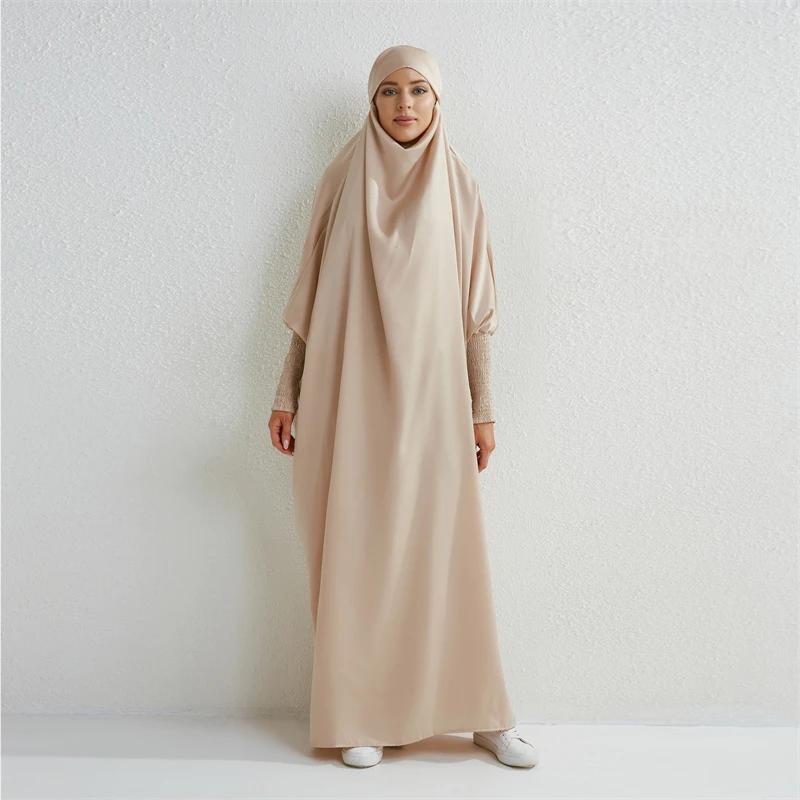 Abaya musulman à capuche manches smockées une pièce Robe de prière femmes Jilbab vêtements islamique