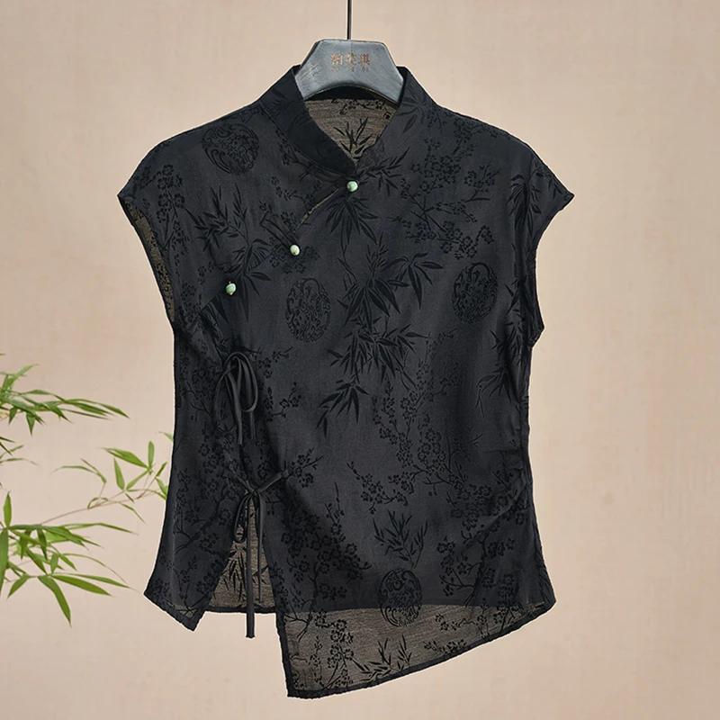 Chemise fine rétro nouveau Style chinois Cheongsam haut noir Jacquard T-shirt à manches courtes été 
