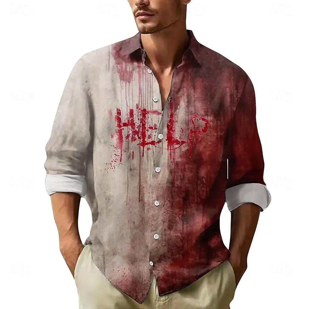 2025 Halloween hommes lettre imprimée taches de sang chemise boutonnée chemise à manches longues fon