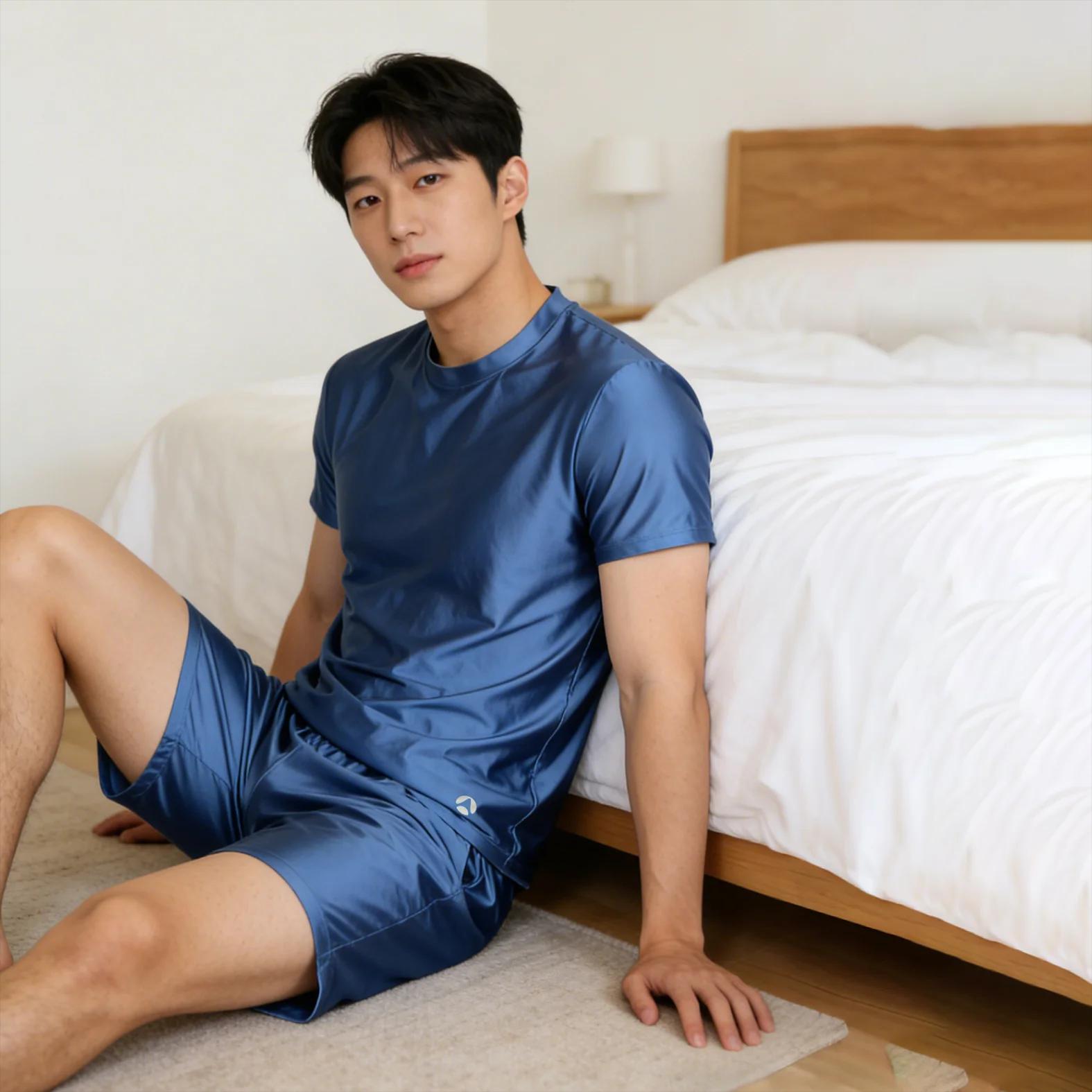 AMORESY T-shirt à manches courtes en soie glacée pour homme, respirant, confortable, décontracté, po