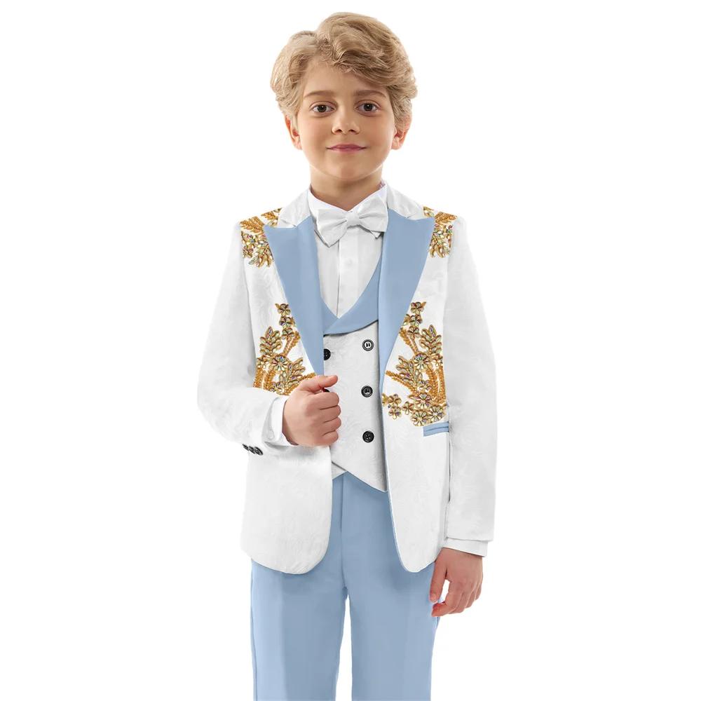 Costumes Jacquard pour garçons, 4 pièces, tenue porteur d'anneau de mariage, ensemble de costume exq